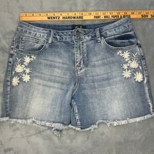 Earl Jeans Blue Denim Cutoff Shorts White Floral Embroidery | Size 12 | Boho